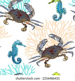 seamless vector pattern on the marine theme. Sea, ocean, shells