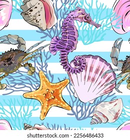 seamless vector pattern on the marine theme. Sea, ocean, shells