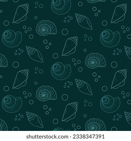 Seamless vector pattern on the marine theme. Various seashells with a blue line on a green background