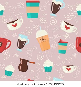 Seamless vector pattern on a pink background with elements from the coffee shop. Coffee pattern with cups, glasses, coffee machine and cupcake. 