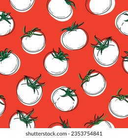Seamless vector pattern on a red background. The contour of ripe juicy tomatoes with green leaves on a white handmade background.