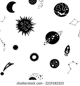 Seamless vector pattern on a space theme. Black elements on a transparent background. Hand drawn planets, stars, comets, rocket.