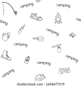 seamless vector pattern on the theme of camping, tourism, with camping accessories, on a white background, isolated, with the word