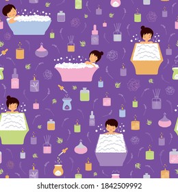 Seamless Vector Pattern on the Theme of Aromatherapy Bubble Bath. A Beautiful illustration of calm and relaxed mood. Purple Background with essential oil lamps, scent diffusers, and aromatic candles