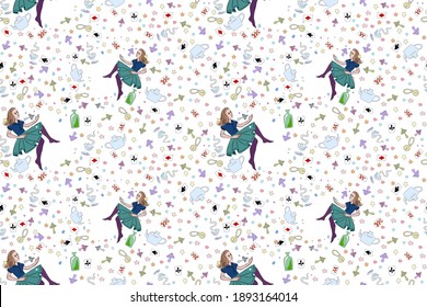 Seamless vector pattern on the theme of Alice in Wonderland. Flying stylish beautiful girl with flowing long hair. Stars, mushrooms, playing cards.
