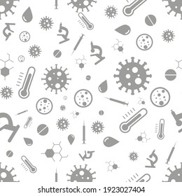 Seamless vector pattern on the theme of covid-19. symbols and signs of cell virus and health medicine. Vector illustration