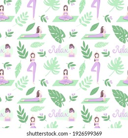 Seamless vector pattern on the theme of relaxation and yoga. Pastel background with a woman in asanas and leaves for fabrics, decoration, design, wallpaper, stationery, prints, wrapping paper, etc.