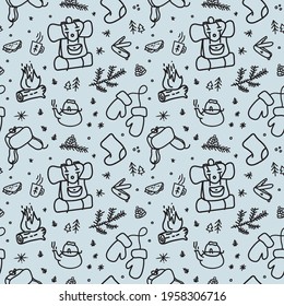 Seamless vector pattern on the theme of tourism and hiking trips in the doodle style on a light cold gray background, includes the basic elements necessary equipment and clothing, plant elements. 