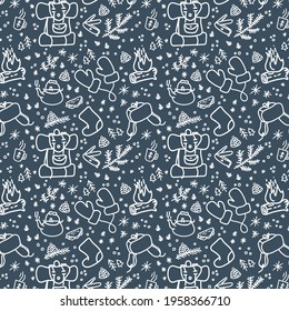 Seamless vector pattern on the theme of tourism and hiking trips in the style line art on a dark background, includes the basic elements necessary equipment and clothing, plant elements. 