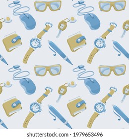 Seamless vector pattern on the theme of Father's Day, consists of elements associated with his work, business everyday life. Made on a light background in natural, calm colors.
