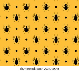 Seamless vector pattern on the theme of Halloween, spiders on an orange background. Endless texture for wallpaper, flyers, covers, banners, fill pattern, web page, background, surface.
