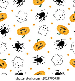 Seamless vector pattern on the theme of Halloween, spiders, ghosts and pumpkins on a white background. Endless texture for wallpaper, flyers, covers, banners, fill pattern, web page, background
