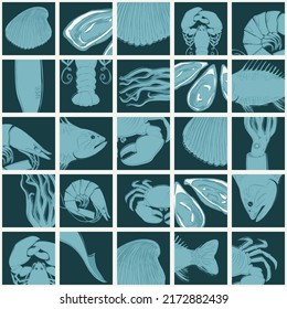 seamless vector pattern on the theme of crustaceans, fish and molluscs. seafood background with sea animals sketches