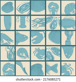 seamless vector pattern on the theme of crustaceans, fish and molluscs. seafood background with sea animals sketches