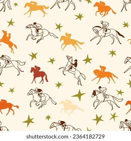 Seamless vector pattern on the theme of horse racing, jockeys, horses and their silhouettes