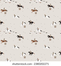 Seamless vector pattern, on the theme of hunting on horseback, riders riding and overcome obstacles accompanied by dogs