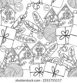 Seamless vector pattern on the theme of Christmas, New Year. Cute Christmas houses, garlands and tree branches in doodle style. Coloring book