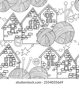 Seamless vector pattern on the theme of Christmas, New Year. Cute Christmas houses, balls of knitting yarn, knitting needles. Handicrafts, hobbies. Coloring book