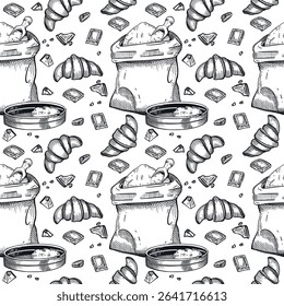 Seamless vector pattern on the theme of cooking, baking. A bag of flour, a sieve, croissants, pieces of chocolate. All objects are hand-drawn with ink. For printing on paper, bakery design.