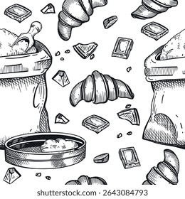 Seamless vector pattern on the theme of cooking, baking. A bag of flour, a sieve, croissants, pieces of chocolate. All objects are hand-drawn with ink. For printing on paper, bakery design.