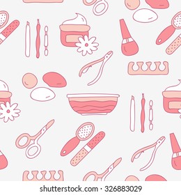 Seamless vector pattern on the theme of a pedicure on a light gray background, hand-drawn.