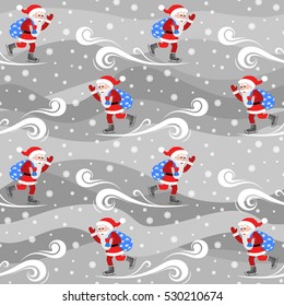 Seamless vector pattern on the theme of the new year. Santa Claus skates with a bag  gifts.