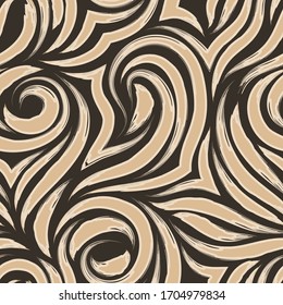 Seamless vector pattern on a turquoise background from smooth and broken strokes of beige paint with dark centers. Print for fabrics or packaging. Texture swirl or waves in pastel shades.