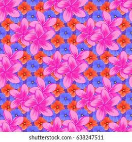 Seamless vector pattern on a violet background with cute plumeria flowers. Floral background.