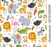 Seamless vector pattern on a white background. Cute different safari animals.
