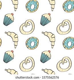 Seamless vector pattern on white background. Cute food illustration in pastel colors. Hand drawn donut, cupcake, bagel and croissant. Print for fabrics, textile, paper. 