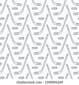 Seamless vector pattern on white background. Hockey stick and puck flat monochrome icon. Winter sport. Can be used for packaging, fabric, print, Wallpaper