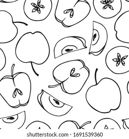 Seamless vector pattern on a white background. Hand drawn apple, apple slice, leaves. Doodle fruits. For paper, textile, gift wrapping, interior decoration, menu. Cartoon design