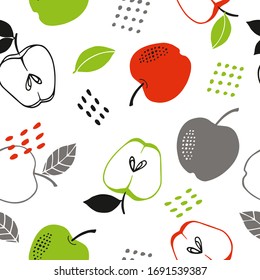 Seamless vector pattern on a white background. Hand drawn apple, apple slice, leaves. Doodle fruits. For paper, textile, gift wrapping, interior decoration, menu. Cartoon design

