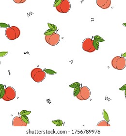 Seamless vector pattern on a white background with juicy bright peaches and leaves. Doodle fruits. For wallpaper, wrapping paper, textile, postcards, web page background, menu. Cartoon design.