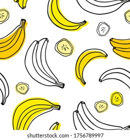 Seamless vector pattern on a white background with juicy and bright bananas. Doodle fruits. For wallpaper, wrapping paper, textile, postcards, web page background, menu. Cartoon design.