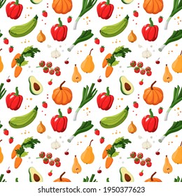 Seamless vector pattern on a white background. A repeating ornament of vegetables, fruits, berries and colored dots. Food illustration for design and decoration.