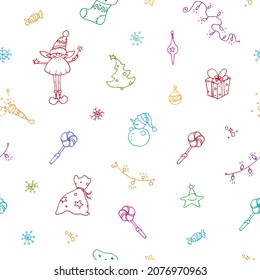 Seamless vector pattern on white background - Christmas or New Year mood. Gifts, Gnomes, Santa, Snowman, lights, candies.
