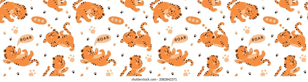 Seamless vector pattern on a white background. Cheerful cute tigers in different poses.