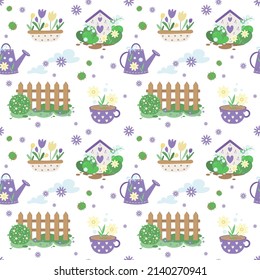 Seamless vector pattern on white background wooden fence with plants, purple garden watering can, house for insects and birds, flower pot cup with yellow and blue flowers, green leaves. Drawing style
