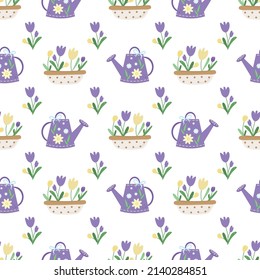 Seamless vector pattern on a white background. Purple watering can, garden pot with polka dots for flowers, yellow and lilac tulips, green leaves. Drawing in a simple cartoon style