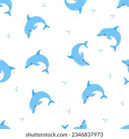 Seamless vector pattern on white background. Cute blue dolphins and water bubbles 