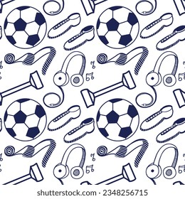 Seamless vector pattern on a white background. Sports equipment, balls, dumbbells, headphones, sneakers drawn in blue on a tablet. Suitable for printing on fabric, paper.