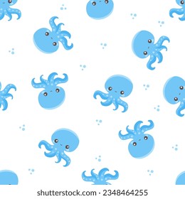 Seamless vector pattern on white background. Cute blue octopuses  and water bubbles 