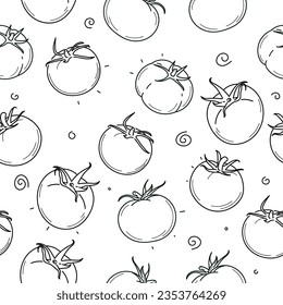 Seamless vector pattern on a white background. Contour of ripe juicy hand drawn tomatoes on a white background. The illustration is isolated from the background.
