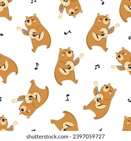 Seamless vector pattern on white background. Cute bear playing guitar, notes 