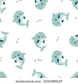 Seamless vector pattern on white background. Cute blue dolphins and water bubbles 