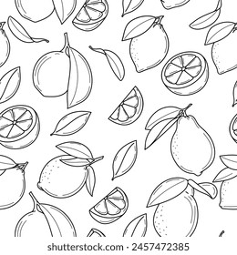 Seamless vector pattern on a white background. Hand drawn outline of ripe juicy lemons on a white background. Illustration isolated from background.