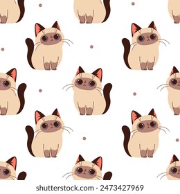 Seamless vector pattern on white background in children's style. Cute Siamese cat 