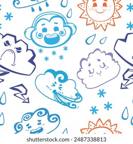 Seamless vector pattern on a white background, decorated with cute cartoon suns and clouds. This cheerful and original design is ideal for creating bright and fun projects.