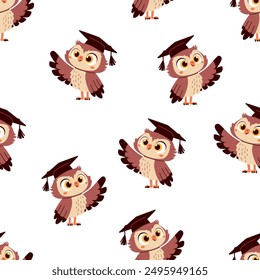 Seamless vector pattern on white background. Cute owl in graduation cap
